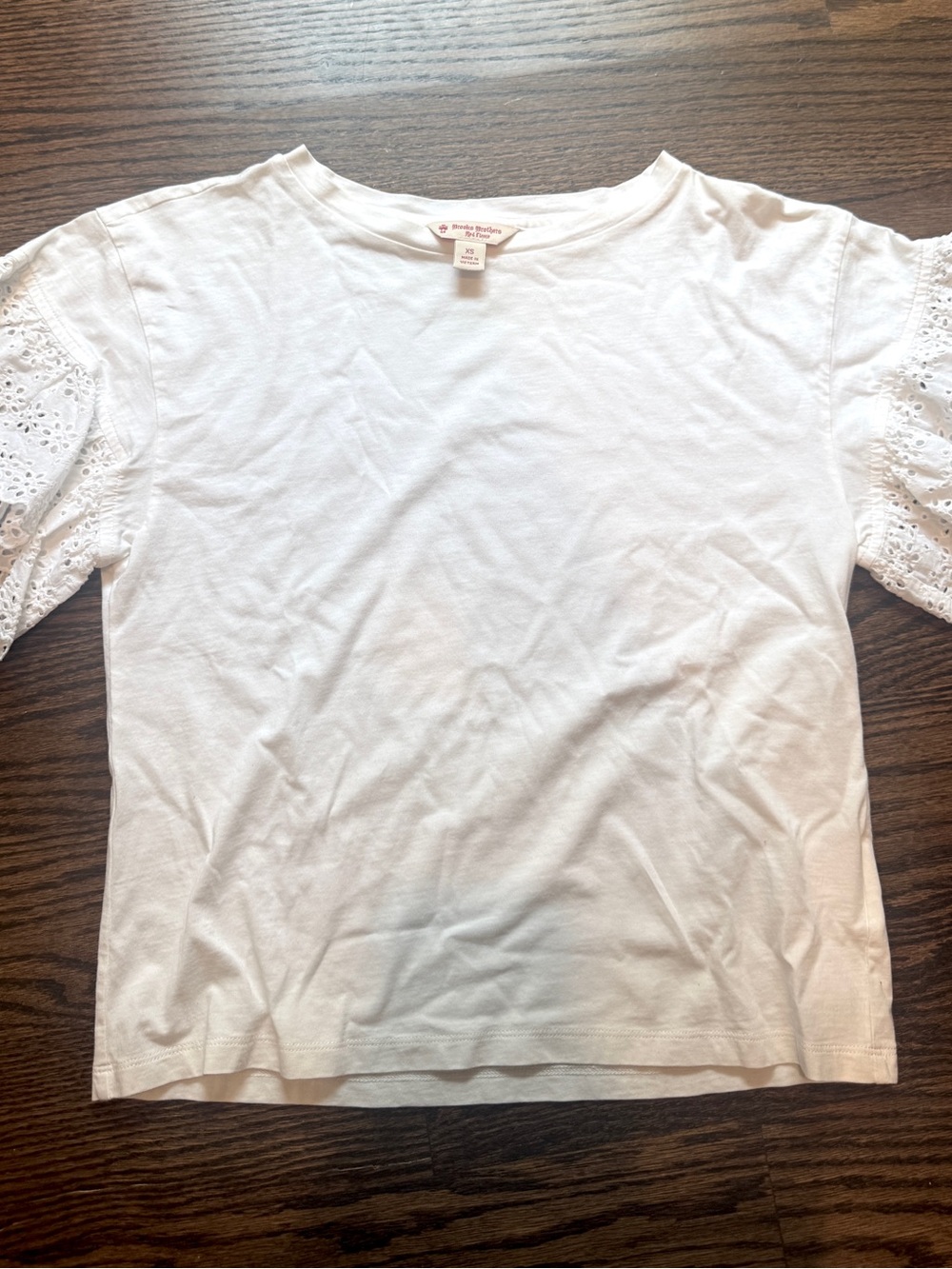 Brooks Brothers White Cotton Tee with Eyelet Smocked Sleeves